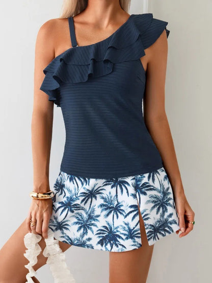 U'i Waiwai — Leopard Print Ruffle Tankini with A-Line Skirt