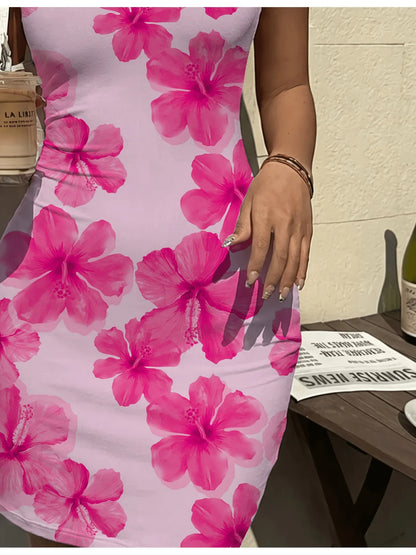 Women's casual pink floral print sleeveless mini skirt long dress