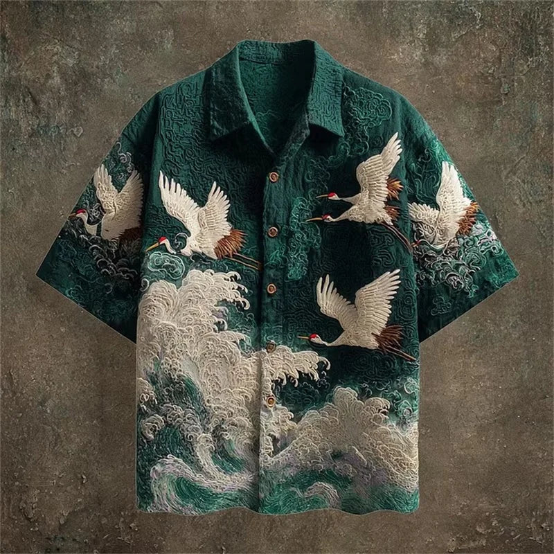Casual Fashion Top Featuring Red-Crowned Crane and Ethnic Tribal Patterns