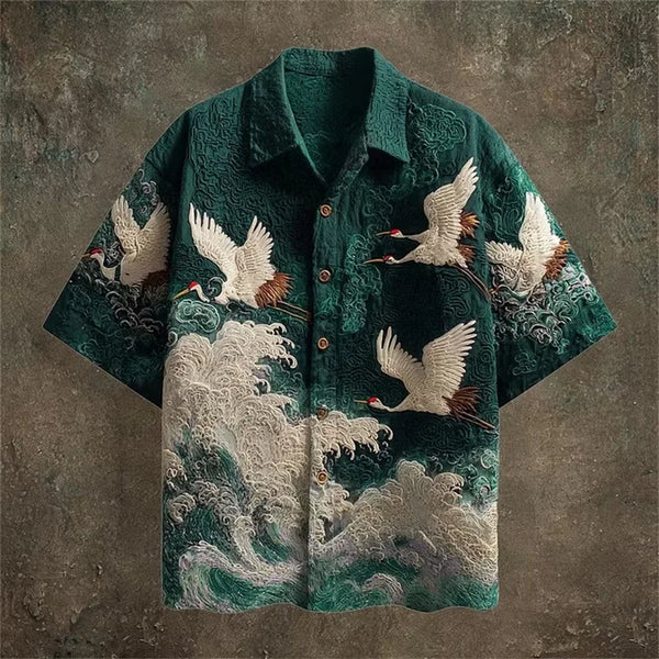 Casual Fashion Top Featuring Red-Crowned Crane and Ethnic Tribal Patterns