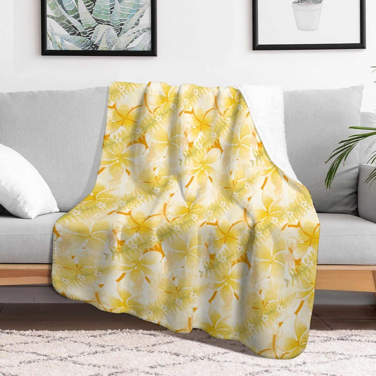 Hanapa'a Waiwai — Plumeria Hula Print Sherpa Fleece Throw Blanket 50"×60"