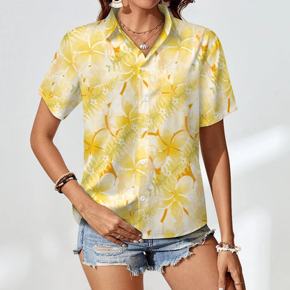 U'i Waiwai — Plumeria Hula Print Women's Lapel Collar Shirt