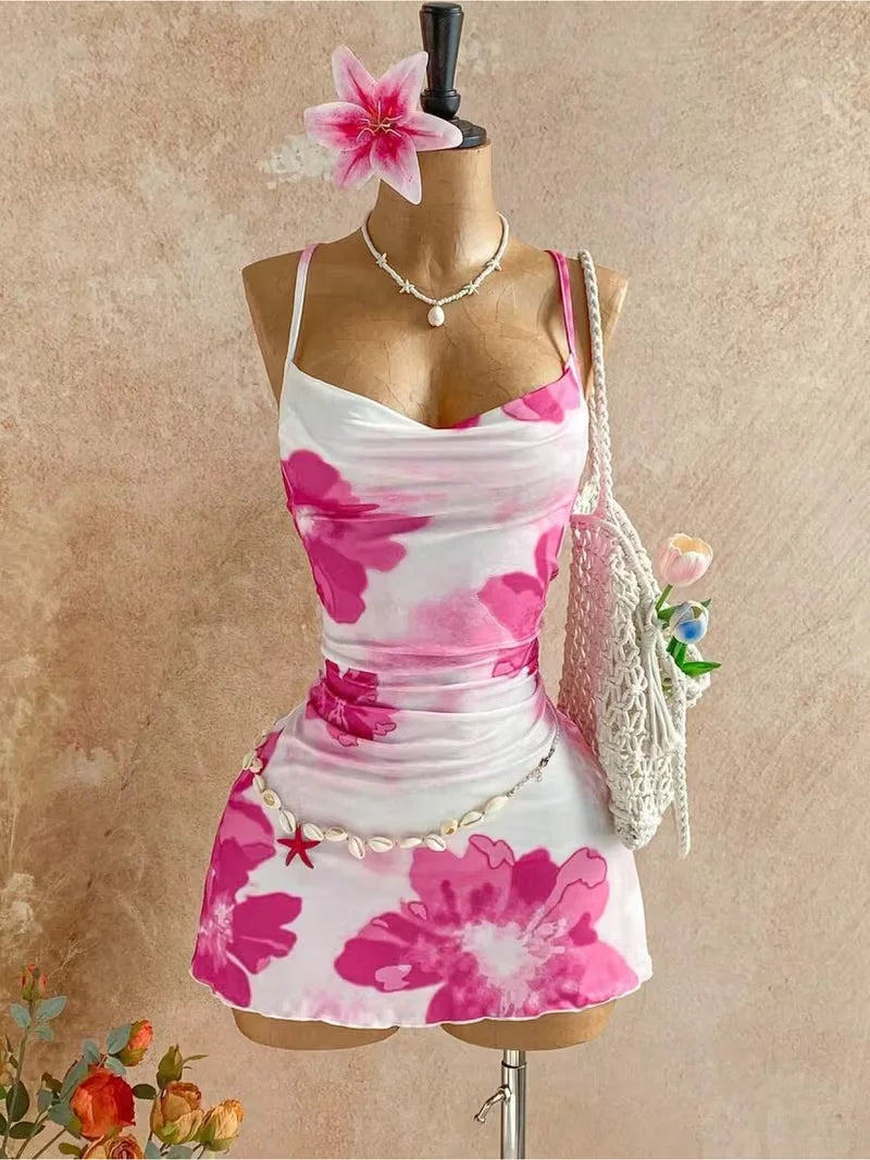 Womens Floral Print Side Ruched Ruffle Hem Mini Dress