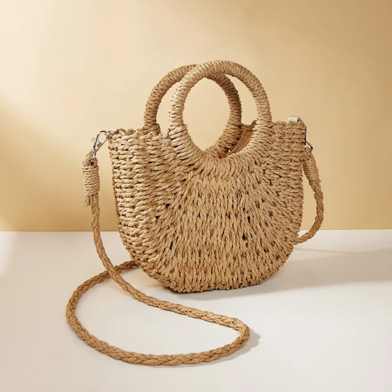 Handwoven Rattan Half-Moon Beach Handbag Large Capacity Women Summer Hollow Out Crossbody Shoulder Bag
