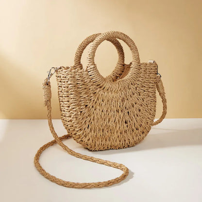 Handwoven Rattan Half-Moon Beach Handbag Large Capacity Women Summer Hollow Out Crossbody Shoulder Bag