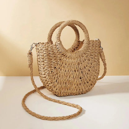 Handwoven Rattan Half-Moon Beach Handbag Large Capacity Women Summer Hollow Out Crossbody Shoulder Bag