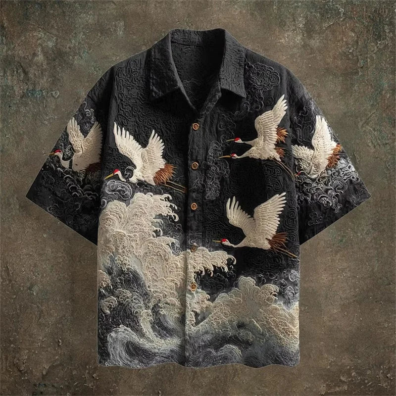 Casual Fashion Top Featuring Red-Crowned Crane and Ethnic Tribal Patterns