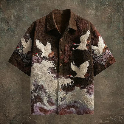 Casual Fashion Top Featuring Red-Crowned Crane and Ethnic Tribal Patterns