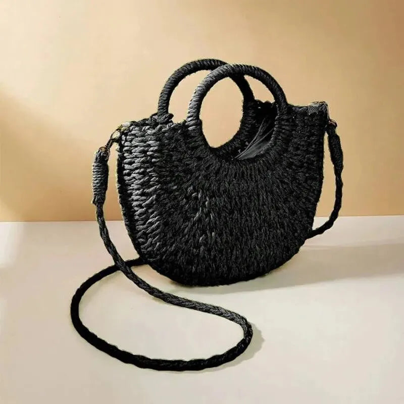 Handwoven Rattan Half-Moon Beach Handbag Large Capacity Women Summer Hollow Out Crossbody Shoulder Bag