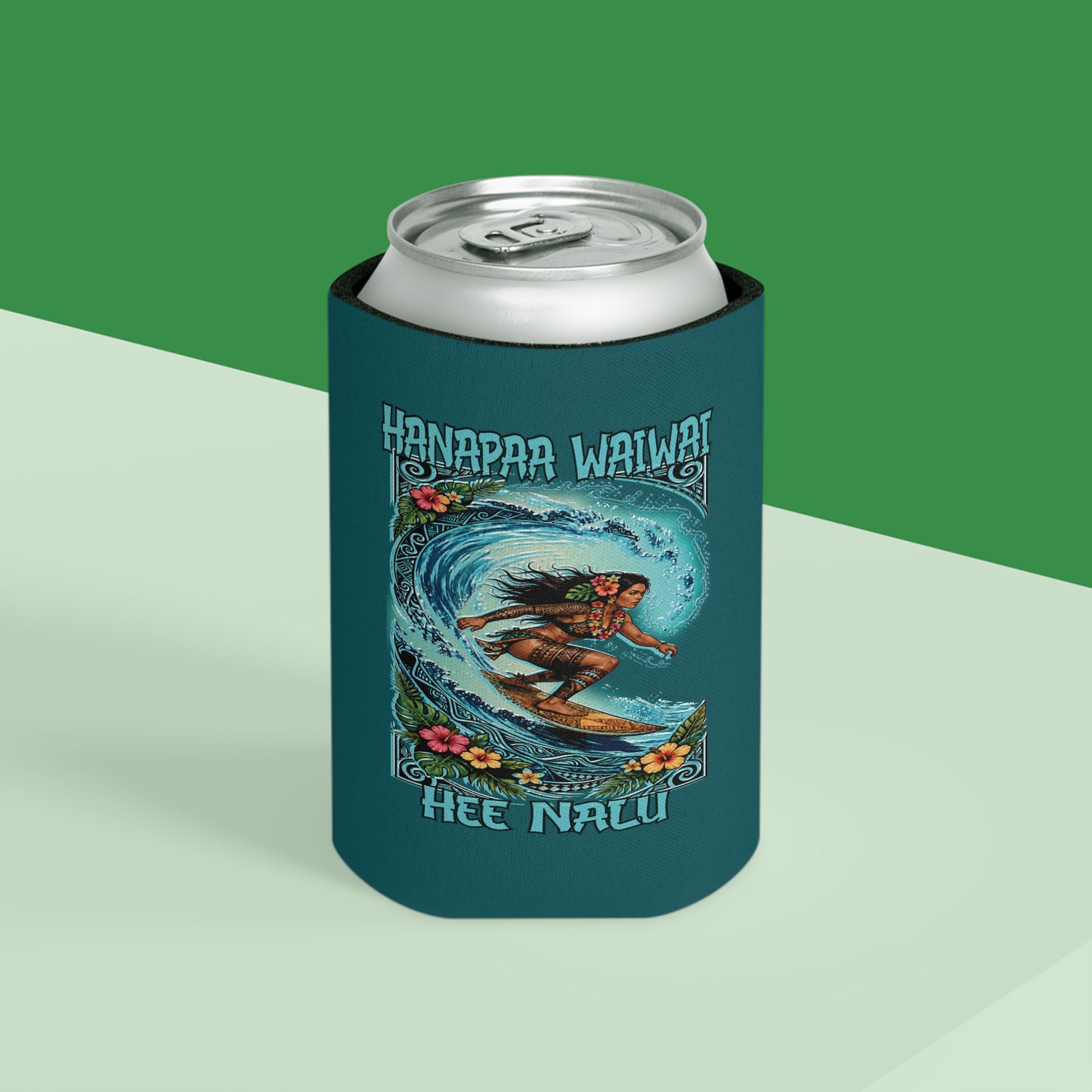 Surfing Hawaiian Can Cooler – 'Hee Nalu' Vintage Wave Design