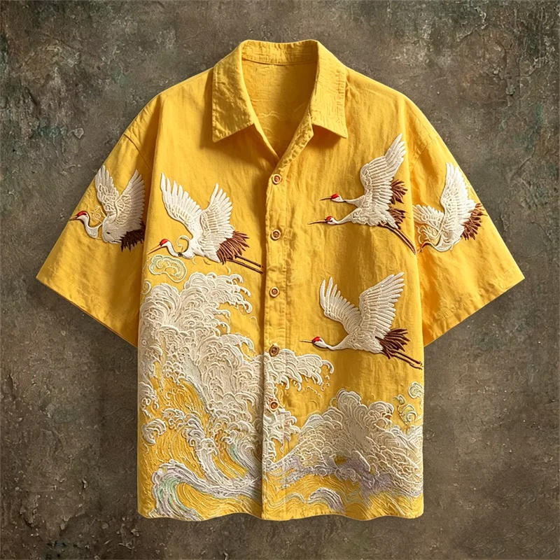Casual Fashion Top Featuring Red-Crowned Crane and Ethnic Tribal Patterns