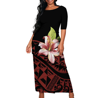 Tribal Floral Print Custom Polynesian Art Design Lady Puletasi Casual Dress