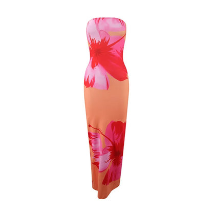 Women's Fashion Sexy Flower Print Strapless Long Dress