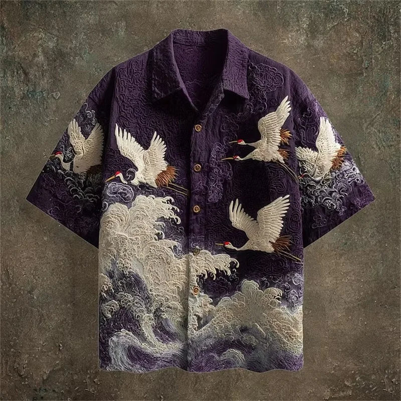 Casual Fashion Top Featuring Red-Crowned Crane and Ethnic Tribal Patterns