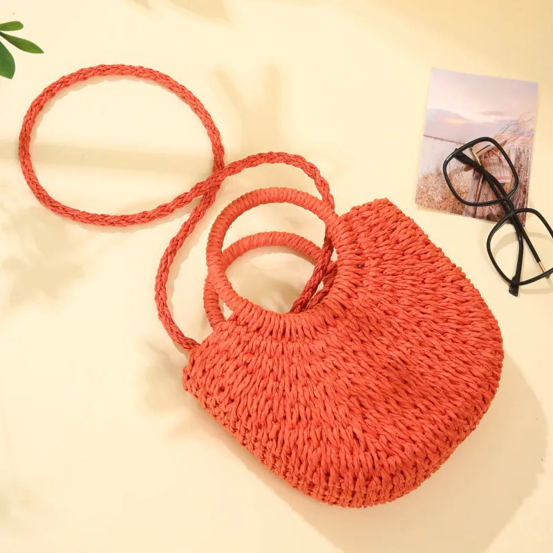 Handwoven Rattan Half-Moon Beach Handbag Large Capacity Women Summer Hollow Out Crossbody Shoulder Bag