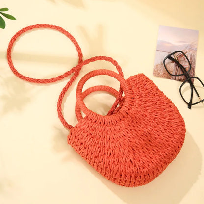 Handwoven Rattan Half-Moon Beach Handbag Large Capacity Women Summer Hollow Out Crossbody Shoulder Bag