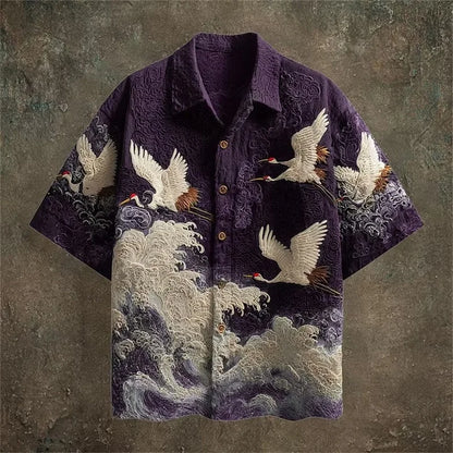 Casual Fashion Top Featuring Red-Crowned Crane and Ethnic Tribal Patterns