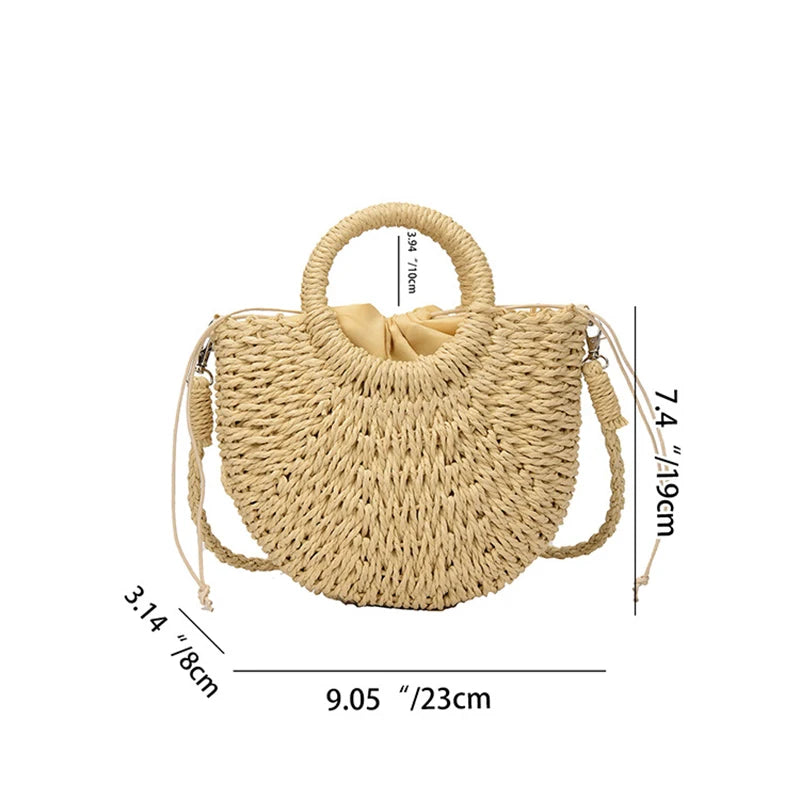 Handwoven Rattan Half-Moon Beach Handbag Large Capacity Women Summer Hollow Out Crossbody Shoulder Bag
