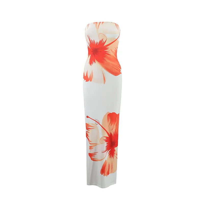 Women's Fashion Sexy Flower Print Strapless Long Dress