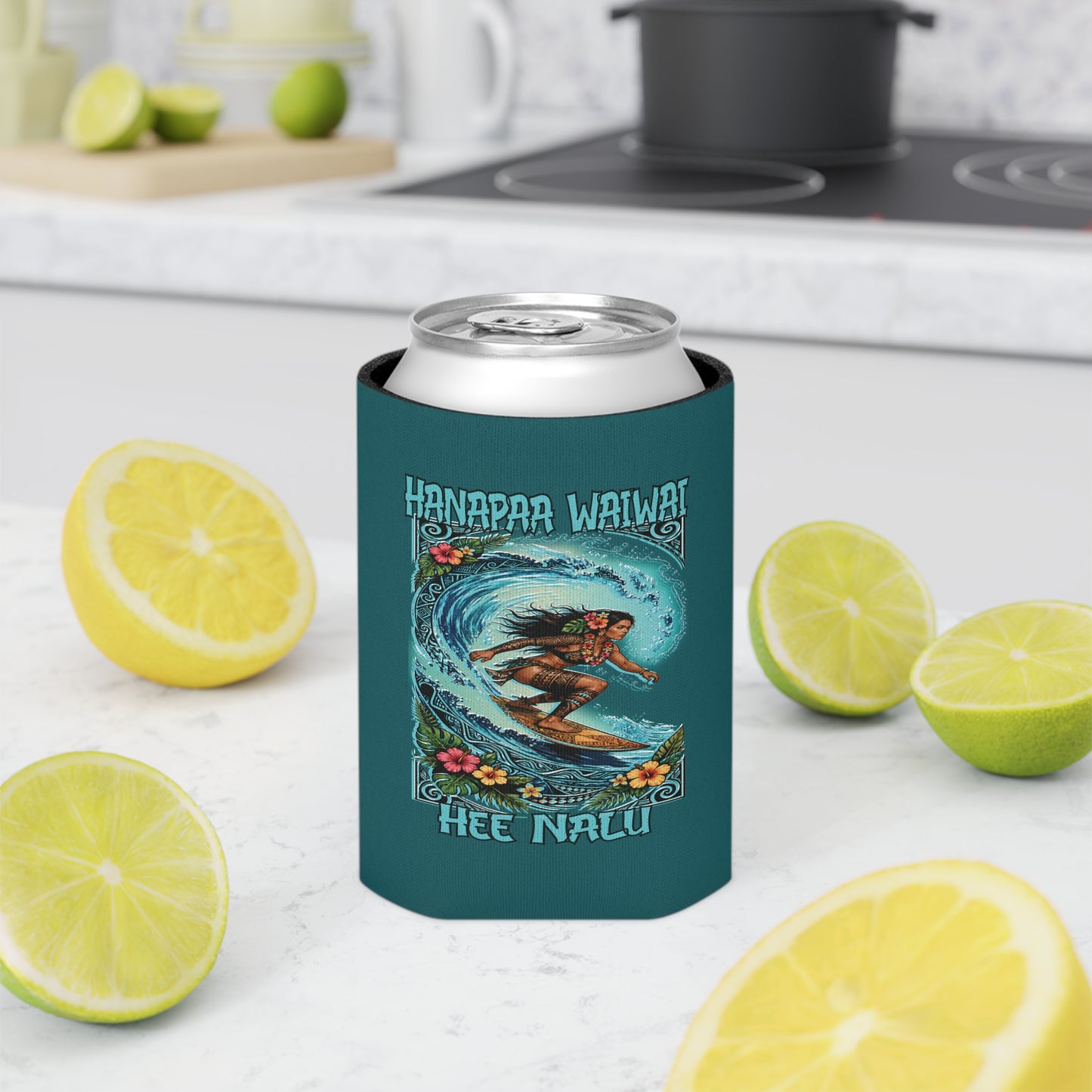 Surfing Hawaiian Can Cooler – 'Hee Nalu' Vintage Wave Design