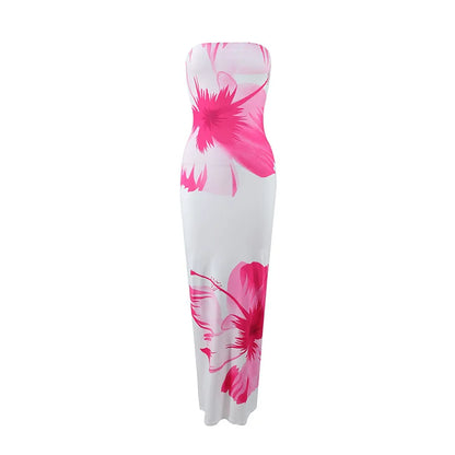 Women's Fashion Sexy Flower Print Strapless Long Dress