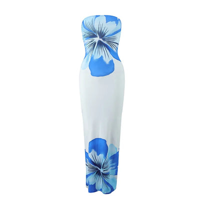 Women's Fashion Sexy Flower Print Strapless Long Dress