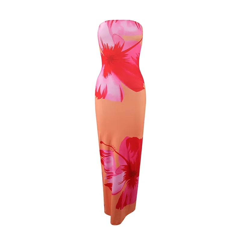 Women's Fashion Sexy Flower Print Strapless Long Dress