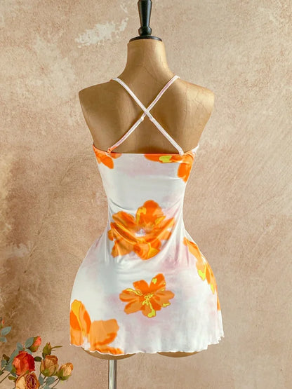 Womens Floral Print Side Ruched Ruffle Hem Mini Dress