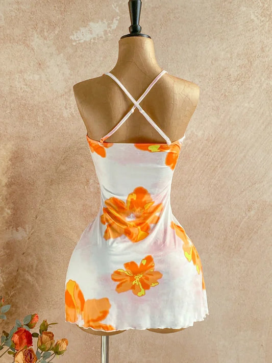 Womens Floral Print Side Ruched Ruffle Hem Mini Dress
