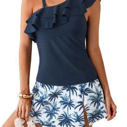 U'i Waiwai — Leopard Print Ruffle Tankini with A-Line Skirt