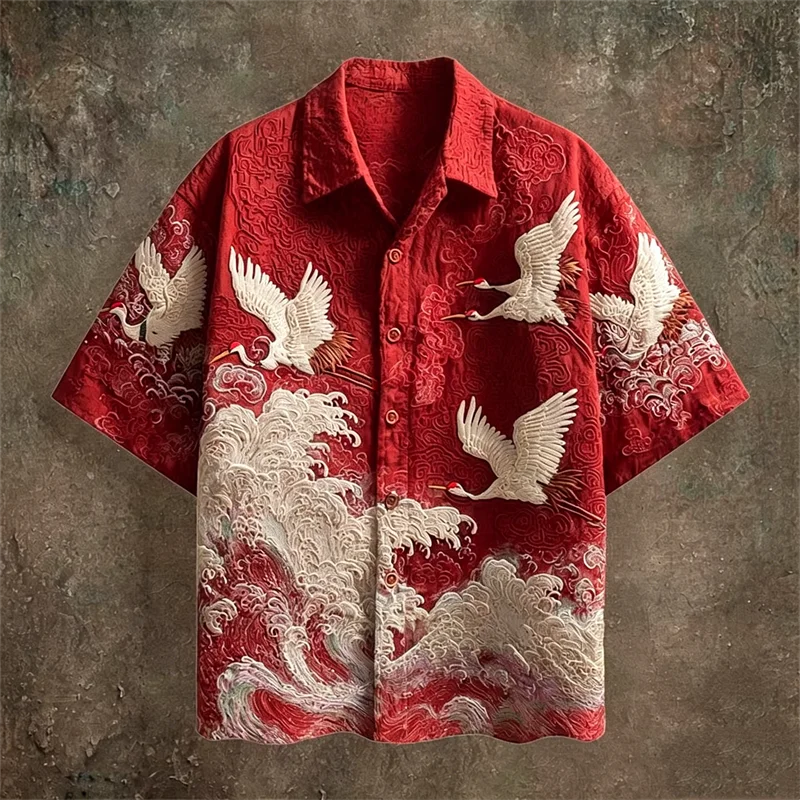 Casual Fashion Top Featuring Red-Crowned Crane and Ethnic Tribal Patterns