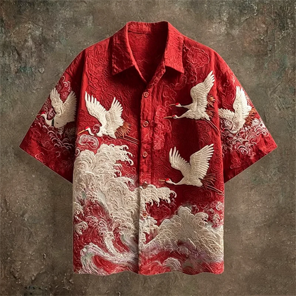 Casual Fashion Top Featuring Red-Crowned Crane and Ethnic Tribal Patterns