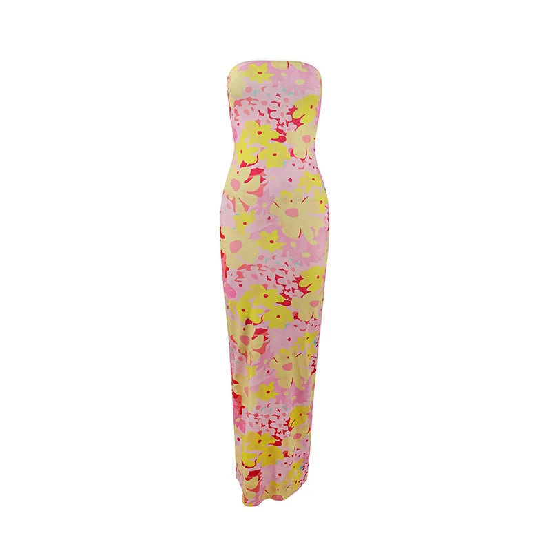 Women's Fashion Sexy Flower Print Strapless Long Dress