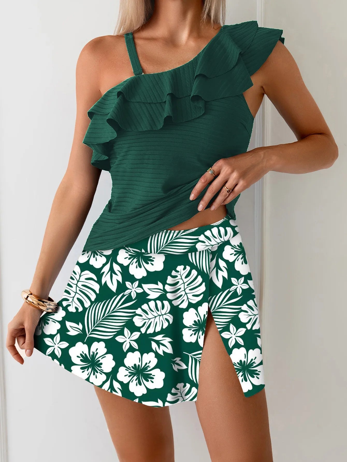 U'i Waiwai — Leopard Print Ruffle Tankini with A-Line Skirt