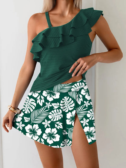 U'i Waiwai — Leopard Print Ruffle Tankini with A-Line Skirt