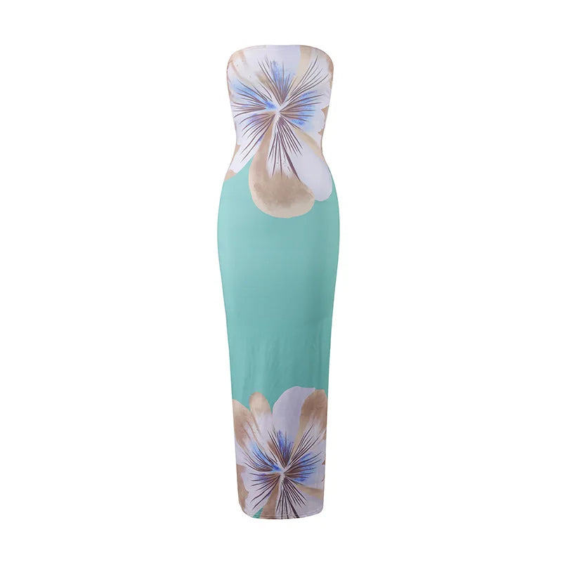 Women's Fashion Sexy Flower Print Strapless Long Dress