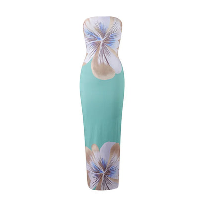 Women's Fashion Sexy Flower Print Strapless Long Dress