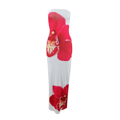 Women's Fashion Sexy Flower Print Strapless Long Dress