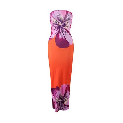 Women's Fashion Sexy Flower Print Strapless Long Dress