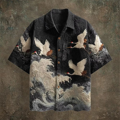 Casual Fashion Top Featuring Red-Crowned Crane and Ethnic Tribal Patterns