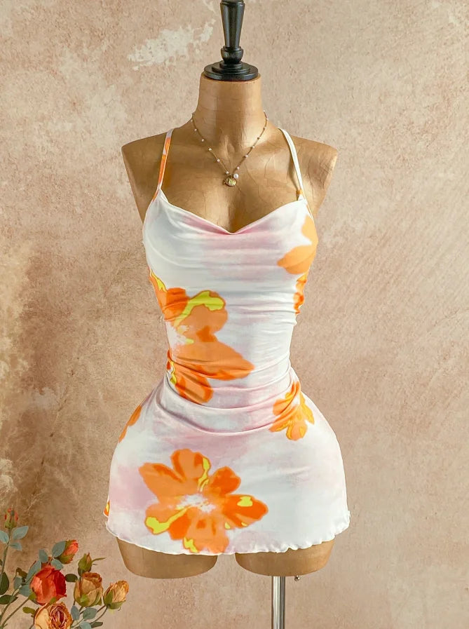 Womens Floral Print Side Ruched Ruffle Hem Mini Dress