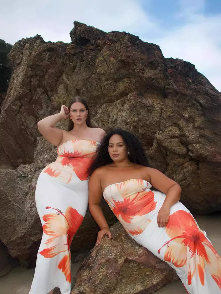 Women's Fashion Sexy Flower Print Strapless Long Dress