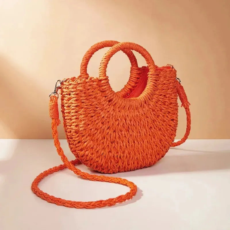 Handwoven Rattan Half-Moon Beach Handbag Large Capacity Women Summer Hollow Out Crossbody Shoulder Bag