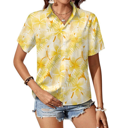 U'i Waiwai — Plumeria Hula Print Women's Lapel Collar Shirt