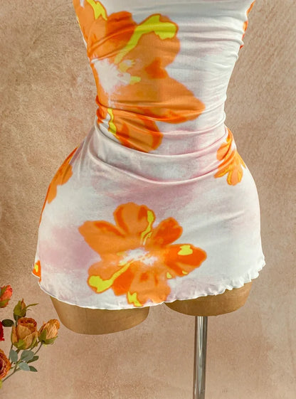 Womens Floral Print Side Ruched Ruffle Hem Mini Dress