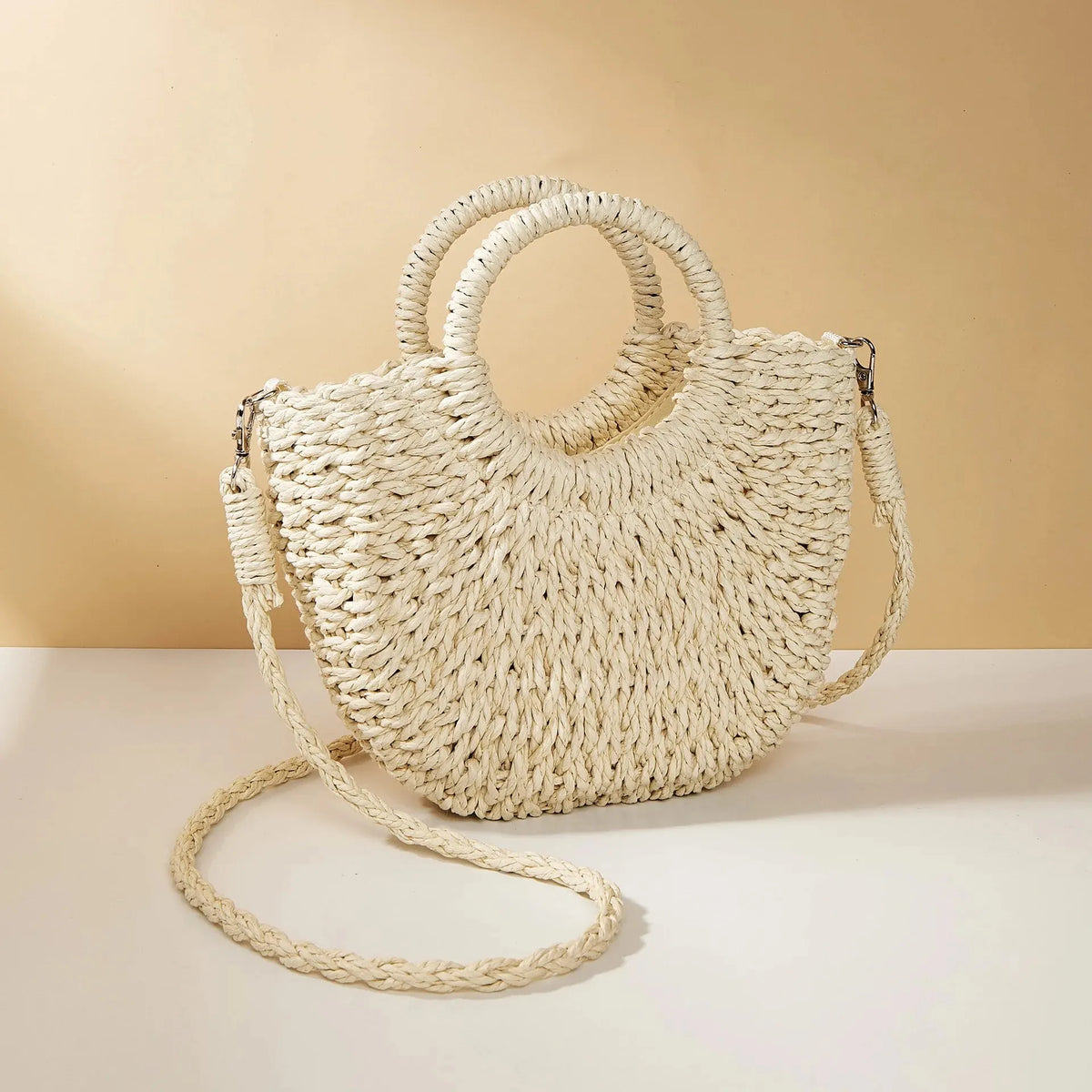 Handwoven Rattan Half-Moon Beach Handbag Large Capacity Women Summer Hollow Out Crossbody Shoulder Bag
