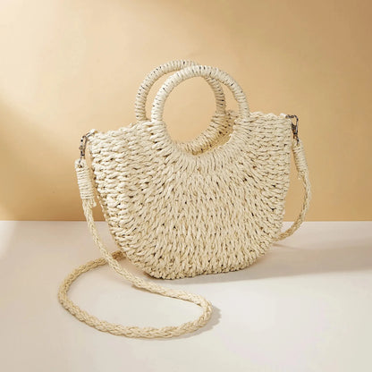 Handwoven Rattan Half-Moon Beach Handbag Large Capacity Women Summer Hollow Out Crossbody Shoulder Bag