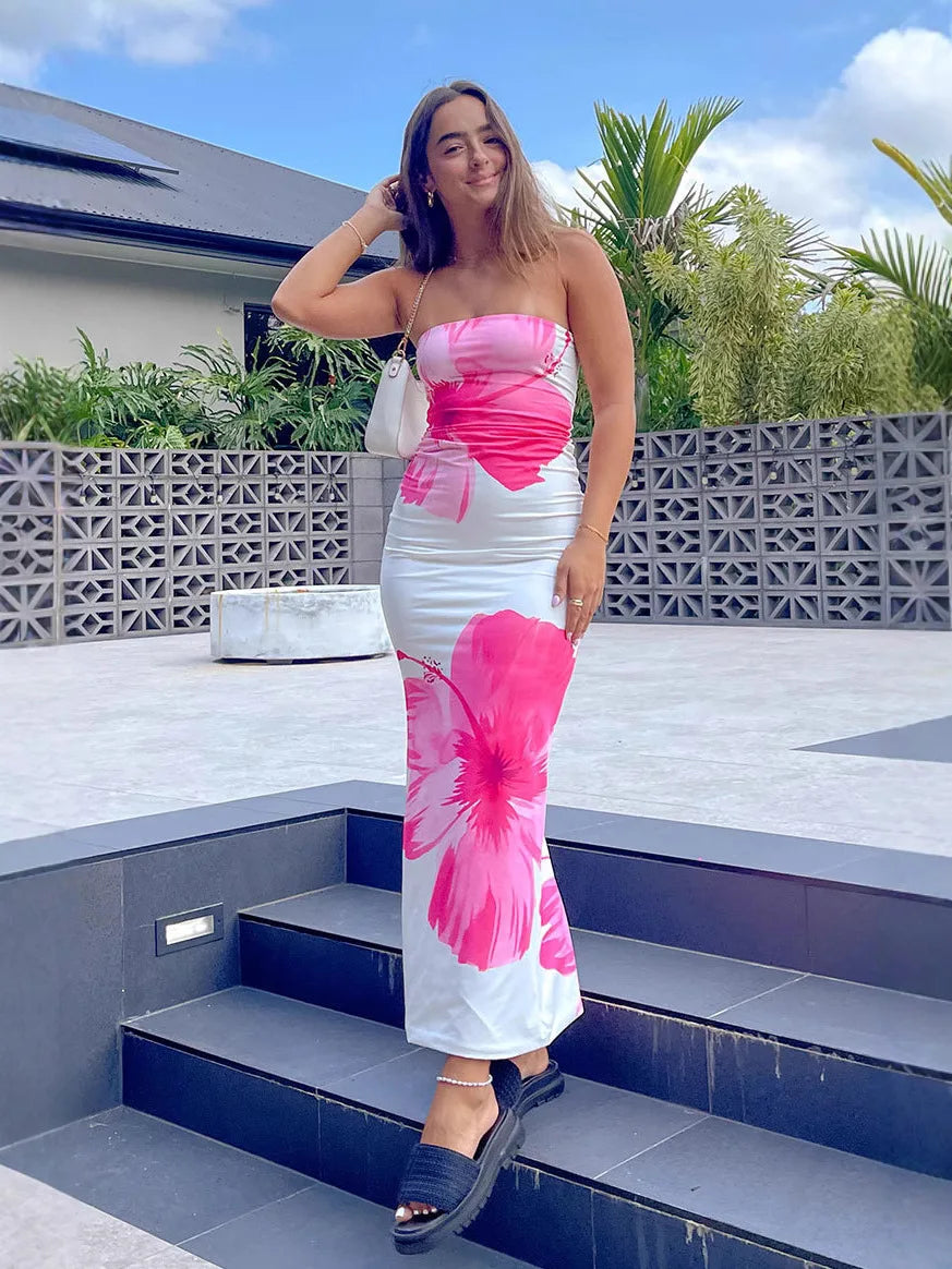 Women's Fashion Sexy Flower Print Strapless Long Dress