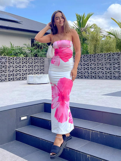 Women's Fashion Sexy Flower Print Strapless Long Dress