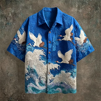 Casual Fashion Top Featuring Red-Crowned Crane and Ethnic Tribal Patterns